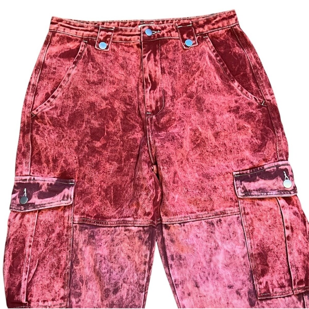Anthropologie POL Red Pink Mineral Wash Baggy Cargo Pants Jeans Grunge Y2K Large - Picture 4 of 8